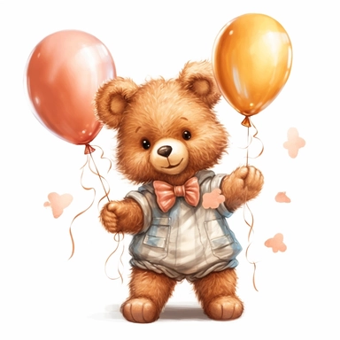 Cute teddy bear clipart, girl teddy, boho teddy bear, teddy bear on white background, HD, soft color, holding balloons Clipart,Cartoon, hyper realistic, intricate detail, illustration style,high solution,on the white background