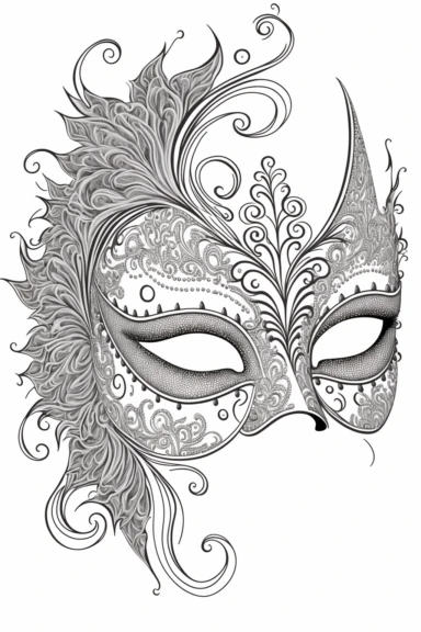an outlined Mardi Gras mask decorated with glitter and jewels, Coloring Book, white background, black and white, [clip art]