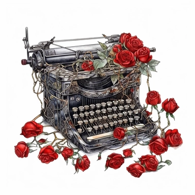 clipart, highly detailed cobweb-covered typewriter, red roses, watercolor, transparent background, white background