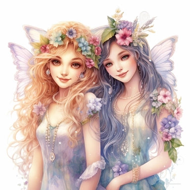 lilly stone, 3 beautiful smiling fairy friends with arms around each other, large wings, 16 year old girls with long wavy hair, soft colors, big eyes, BENTE SCHLICK style illistration, sparklecore, flowers, hyper detailed, white background, clipart