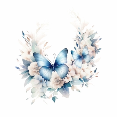 frosty white butterfly clipart with flower border, white background, watercolor, vector