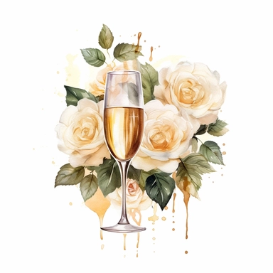 white beige rose border with leaves, champagne glasses wedding, mystical, beautiful, white background, single clipart, halloween element, Sparkling ,watercolor