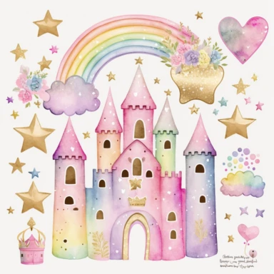 rainbow pastel princess castle, large rainbow, gold star, pink star, hearts, flowers, roses, plastercine, soft watercolour light, clipart svg white background