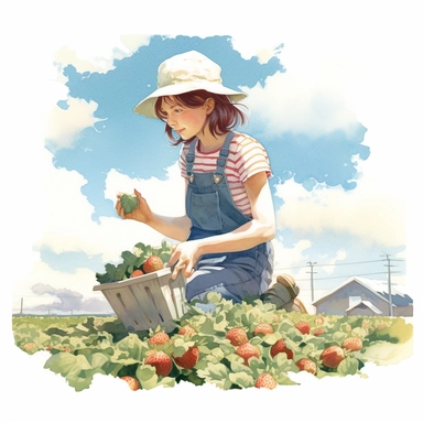 watercolor, hyper realistic, white background, white margins, 16k, ultra detailed clipart, cut out image, hand-drawn, whimsical a girl picking fresh strawberries on a farm, with a blue sky and green fields in the background. ultra HD, clean and sharp art