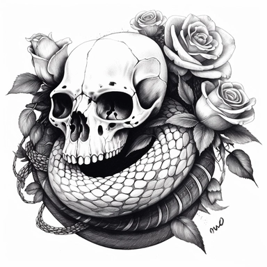 an intricate ink drawing of a coiled snake on a skull with a rose, black and white, white background, clipart