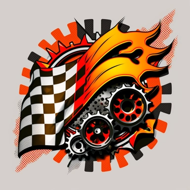 a racing logo Clipart design decal for 2 stroke engine parts include clutch gears race flag checkered pattern, orange red yellow and black colors