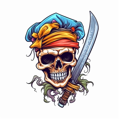 a skeleton head tattoo, a knife held in blade teeth like pirates of the Caribbean, Pixar style, vibrant colors, white background, clipart,--v 5