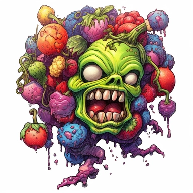 zombie fruit, cartoon, colored pencils, white background, black outline, Clipart extremely detailed