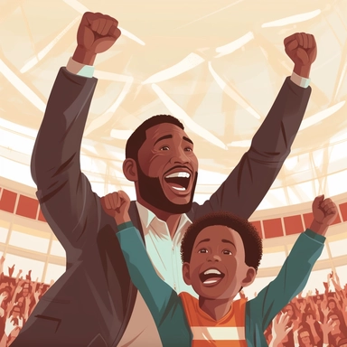 Supportive Dad: Create a clip art featuring a black father cheering on his child at a sports game or a school event. This image represents the father's role as a supportive figure, encouraging and motivating his child.
