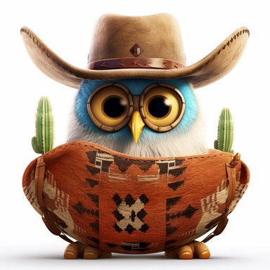 please create pixar style character clipart of owl dressed like a cowboy with a cactus hat, back view of body looking at the camera with head turned front view with back grills