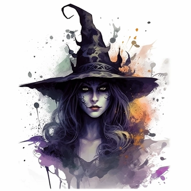 clipart, a black witch in a black costume with hat splattered on, angled view, in the style of nightmarish illustrations, dark face, in the style of realistic watercolor paintings, magali villeneuve, gothic style, splatter painting, dark violet and light black, realistic watercolors, dark gray and amber, junglecore, animals and people, no background