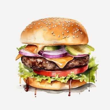 High Detail clipart of a Hamburger, 300 dpi, no lines, no outlines, clipart, featured on dribble, american Dinner clipart, minimalist, computer vector graphic design clip art, watercolor illustration clipart, watercolour clipart, watercolor illlustration for Recipe Books, book illustration, print on demand image, PNG tranparent background
