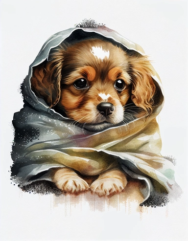 baby dog in a blanket, watercolor clipart, transparent background,
