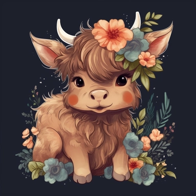 cute highland baby cow with floral blooms clipart element, 4k