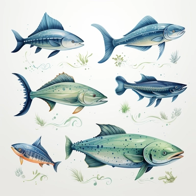 Watercolor set of hand-drawn marine illustrations - mahi-mahi fish, marlin, dolphin, whale, tuna, wahoo, stingray. Character, logo, children wallpaper, doodle. Marine clip art. Ocean, sea inhabitant.