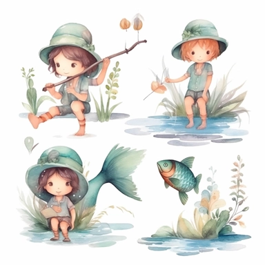 Watercolor boho fishing near a beautiful stream, illustrations clipart set, simple, soft colors, cartoon elements, different variants, cute little boy and girl fishing, separate elements with a margin