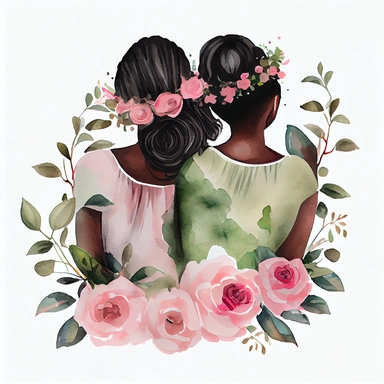 Watercolor black women best friends hugging each other sitting with their backs together with pink roses and delicate vines clipart