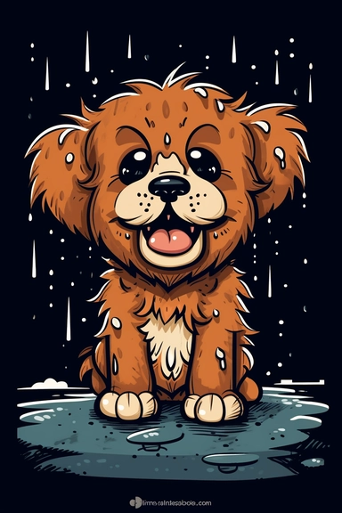 clipart of a blend of an adorable and a super cute, fluffy dog growling at the puddle while playing outside on a rainy day, clipart, bold, creative, sad rainy day.