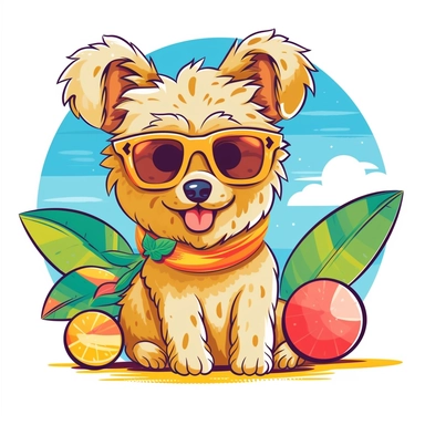 Design a fun and cool clipart featuring a dog enjoying the summer season. Create a playful character that embodies the carefree spirit of summer. Use vibrant colors and incorporate summer elements like sunglasses or a beach ball. With a white background, the clipart will easily integrate into various designs and projects. Perfect for digital designs, merchandise, and print materials, this clipart captures the joyful essence of summertime.