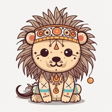 cute lion indian chief, kawaii style, vecotr clipart, black outline