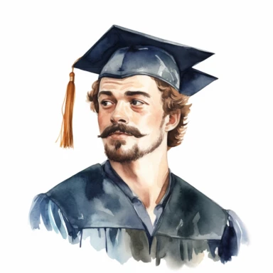 watercolor male student with facial hair graduation clipart on a white background