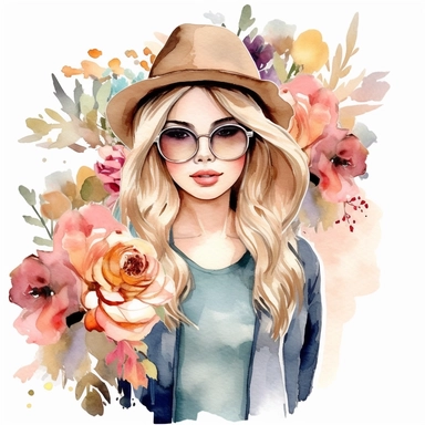 Country Girl Watercolor, Boho Girls clipart, Digital Watercolor Illustration Girl, Girl Flowers Clipart, Watercolor Fashion Girl