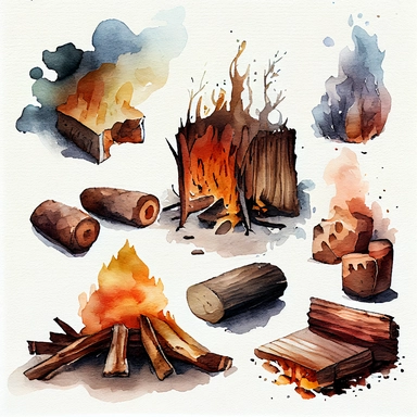 burning firewood Watercolor Clipart, details