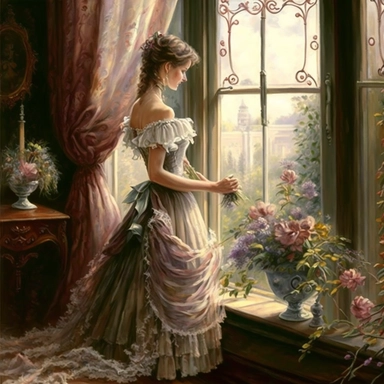 beautiful lady, very detailed, wearing beautiful flowing dress, standing by large victorian window, looking out the window, beautiful romantic bouquet of flowers, beautiful crystal ornate vase, sitting on table with decorative tablecloth, infront of large victorian window with beautiful flowing curtaings, soft colors, crisp colors, ribbon, very detailed, fantasy, romantic, clipart style