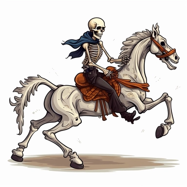 a skeleton human riding a skeletal horse, skeleton horse, clipart, cartoon style, no background