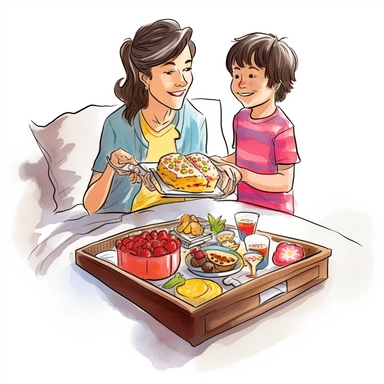 A hand-drawn clipart for Mother's Day on a white background, depicting a child serving their mother a surprise breakfast in bed. The mother's surprised and delighted face is the centerpiece, with the tray of colorful breakfast treats in sharp focus. The drawing style is charming and joyful, capturing the child's eagerness and the mother's appreciation, adding a personal touch to the Mother's Day celebration