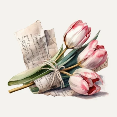 watercolor white and pink tulips wrapped in an old french newspaper, newspaper tied with string clipart, no background, 4K