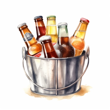 bucket with beer bottles, hyper-realistic watercolor illustration, 3d, 8k high definition, highly detailed, masterpiece, clip art, white background
