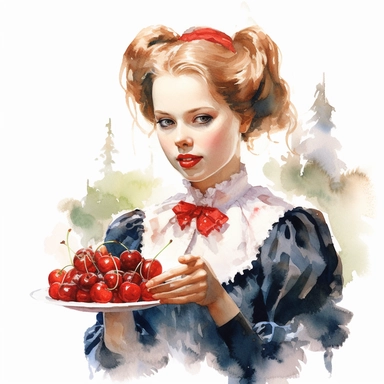 a watercolor of a victorian girl eating fresh cherries, cherry academy style, cherry red nuances, vector free clipart illustration, in the style of unreal engine 5, 32k uhd, detailed features, white background