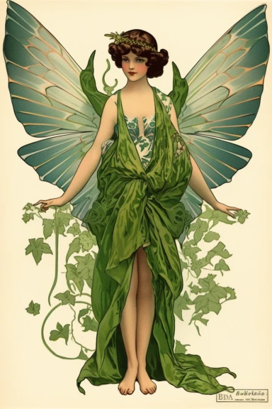 Vintage 1920 Symmetrical Fully Clothed Female Fairy with Large green Wings on its back Illustration, Chromolithograph, 1920s Illustration, Vintage, Antique, Ephemera, Clipart, 8k, on a vintage magazine cover