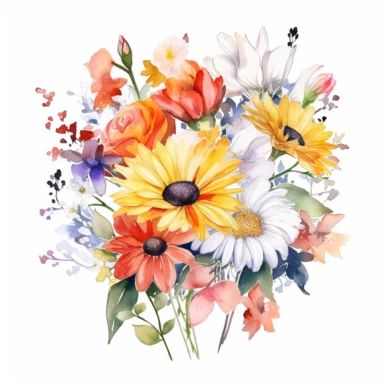 watercolor summer flowers bouquet clipart, Combine a mix of colorful blooms like roses, daisies, lilies, and carnations, bold outlines, white background, 8k -