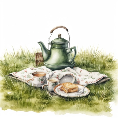 watercolor, hyper realistic, white background with margins, 8k, ultra detailed clipart, victorian style, cut out image a teapot and cups, outdoor, on blanket on grass, green and white