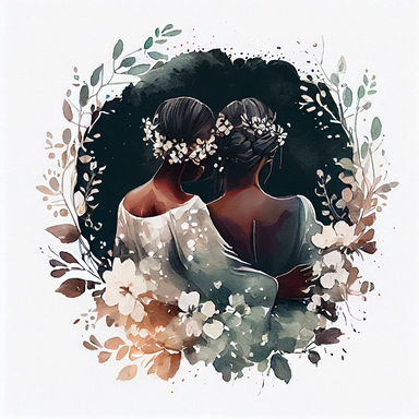Watercolor black women best friends, a bride and bridesmaids hugging each other sitting with their backs together with white flowers around and delicate vines clipart