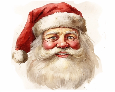 1950’s. Retro Santa Claus face with his classic white beard and red stocking cap trimmed in white fur. Watercolor clipart, Retro Santa Claus face