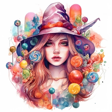 The clipart image depicts a charismatic candy-witch standing in the center of the image, with a white background. She has a beautiful, kind, and intriguing facial expression, and is surrounded by colorful lollipops, candies, and flowers. SHe is wearing a witch-hat. The image is made with watercolors and is in the style of Aleksi Briclot.