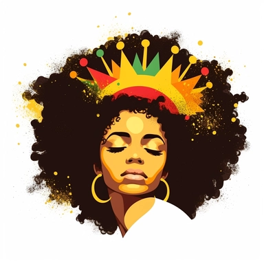 Clipart style, close in the face of a black woman. Her eyes are closed. Her eyelids are colored with the colors of the jamaica flag. She have a golden crown in her black powerful afro hair on a white background