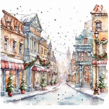 Christmas street, Ornamental watercolor, clipart, I can't believe how beautiful this is , style by Lucy Fleming, watercolor, smooth gradients, black contour outline, ultra detailed, clipart elements, delicate pastel colors, solid white background, super clear, high quality