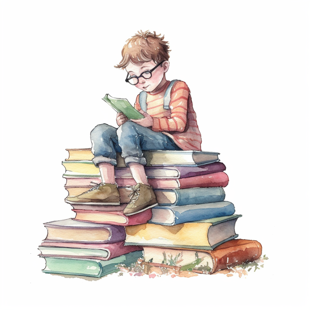 beautiful watercolor clipart of a young child reading with a stack of ...