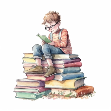 beautiful watercolor clipart of a young child reading with a stack of books, fun pastel hues, compositions on an isolated white background. Bright illustration, highly detailed