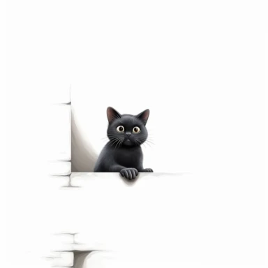 back high level view, cute black cat waiting before mouse whole in wall, illustration, white background, clipart, nursery illustration, illustration for children