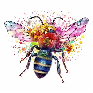 watercolor, A whimsical drawing of a bee with exaggerated pollen baskets on its hind legs, filled with an array of colorful and oversized pollen grains, capturing the essence of its pollination activities. (Digital drawing clipart, image black border color, full body, transparent background)