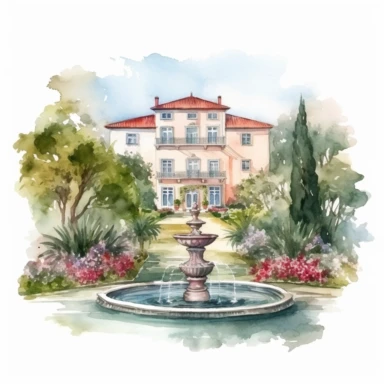 Watercolor drawing beautiful rich italian venue, wedding venue in flowers, piscina e scalinate,watercolor clipart, white background, isolated on white, 8k, watercolor style
