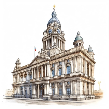 Isolated images, illustrations on a white background, City Hall Dublin in Ireland, Clipart, watercolor, realistic, isolated, full building, highly detailed, hdr, 32K, photo expert quality, watercolor realistic, hyperrealistic and highly detailed, isolated on a white background