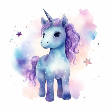 Cartoon Dreamy Unicorn Silhouette against a Starry Sky, Big Eyes, cartoon, watercolor, professional clipart, white background, neat, clean