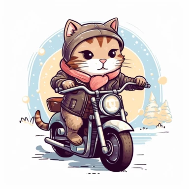 A clipart of a cute cat in a leather jacket driving a motorcycle. White Background with snow and large trees. soft lighting.