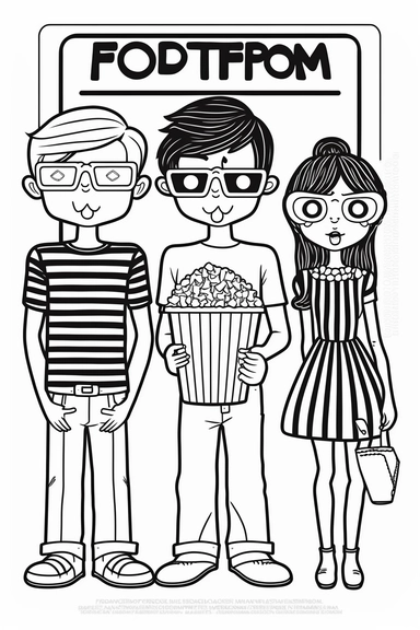 Eat popcorn and enjoy a movie as a family., realistic modern cartoon style, bold black lines, in style of coloring book page for adults, illustration, BLACK AND WHITE, clean lines, vector lines, hand drawn, clipart, printable outlined art, white background, white spaces for coloring in, perfect hands, symmetrical face, perfect legs, symmetrical body